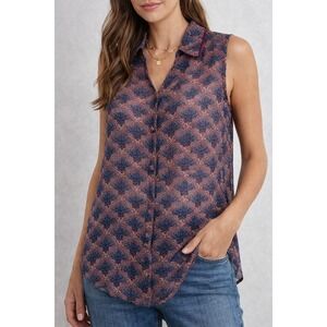 Cabi Sheer Button Front Blouse M Sleeveless Boho Floral Print Lightweight Career